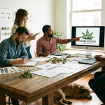 A group of people working on a logo for a cannabis company in 2026.