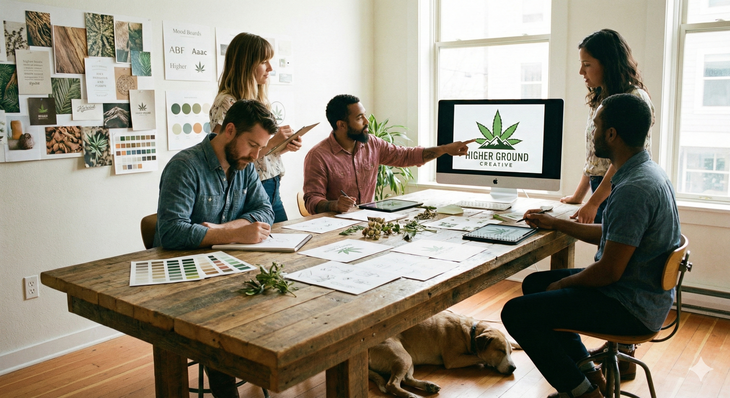 A team of creatives working on a cannabis logo for 2026 A group of people working on a logo for a cannabis company in 2026.